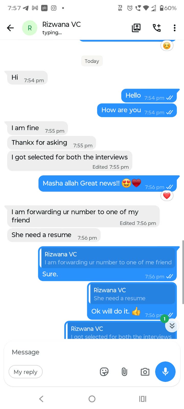 Client WhatsApp feedback: Selected for both interviews