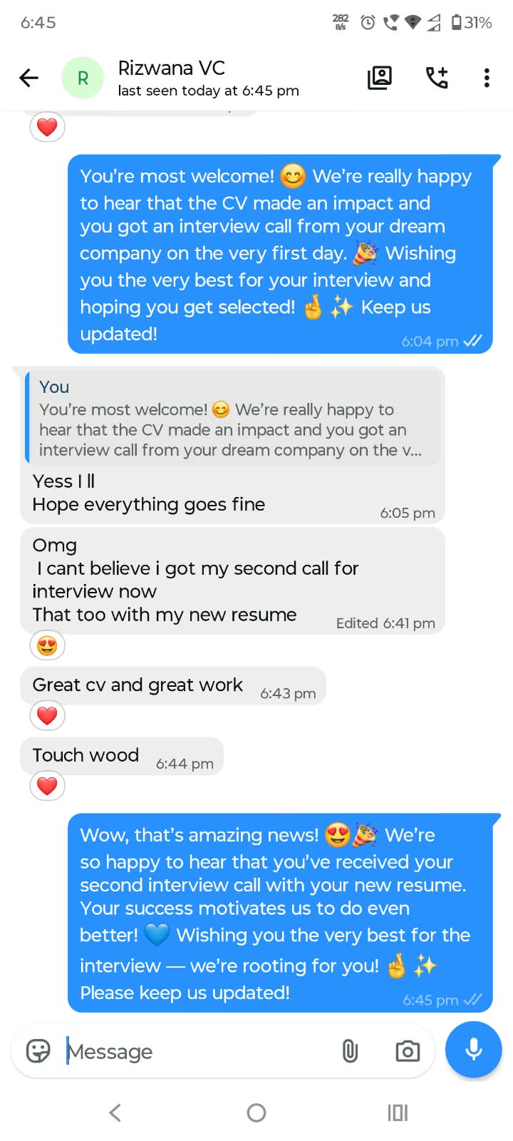 Client WhatsApp feedback: Got second call for interview